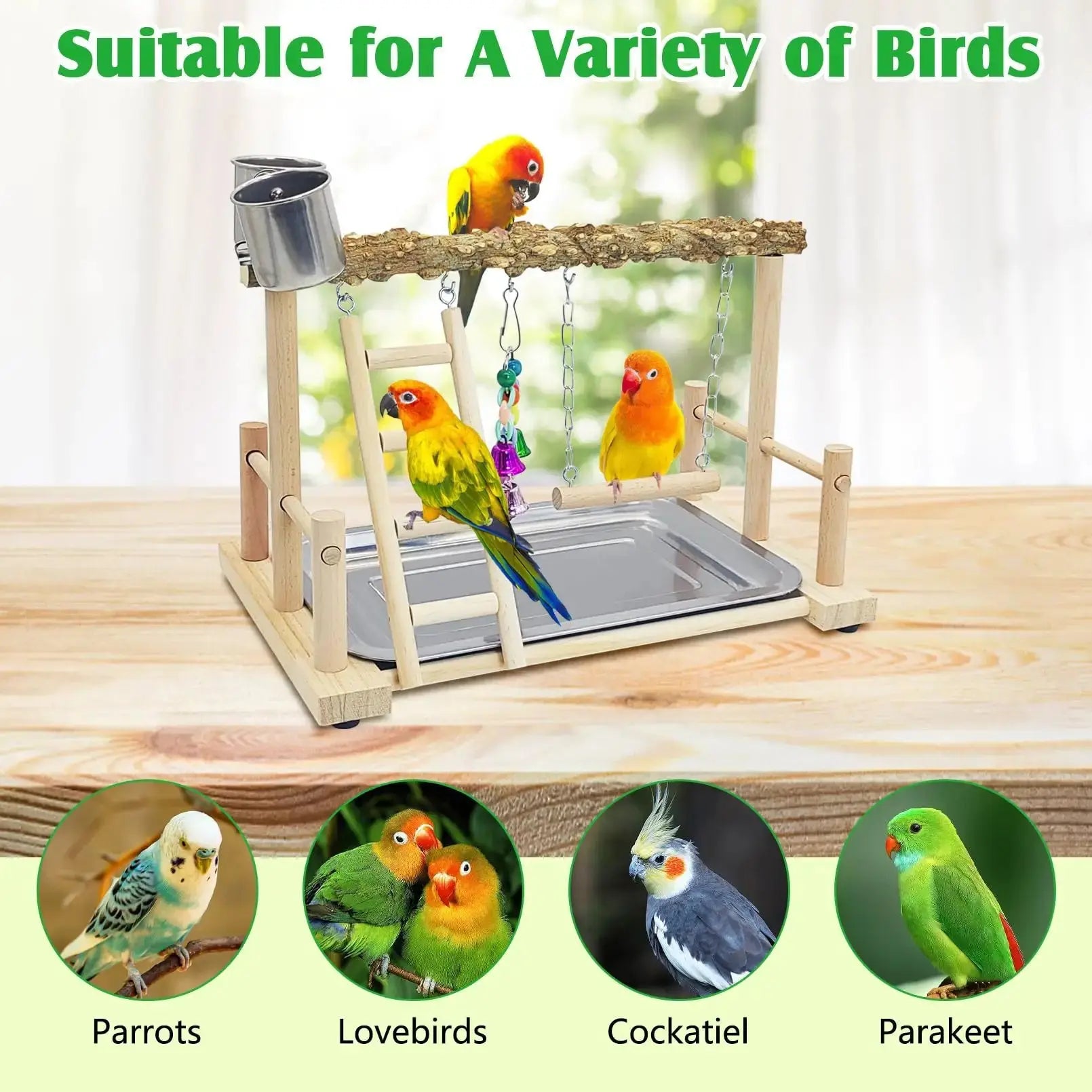 kathson Parrots Playground Bird Perch Wood Playstand Stand with Ladder Swing Feeder Cups Chew Toy for Parakeet Conure Cockatiel Budgie Lovebird Finch Small Birds by kathson