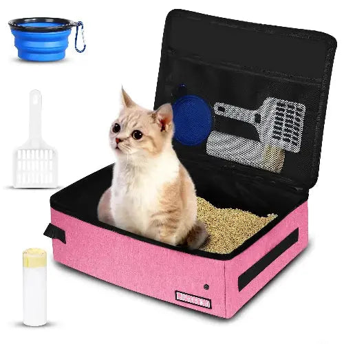 Petskd Portable Cat Travel Litter Box with Lid and 10 Disposable Liner Bags, Leak-Proof and Collapsible, Ideal for Cat Owners, Travelers, Small, Black Plastic Box by Petskd