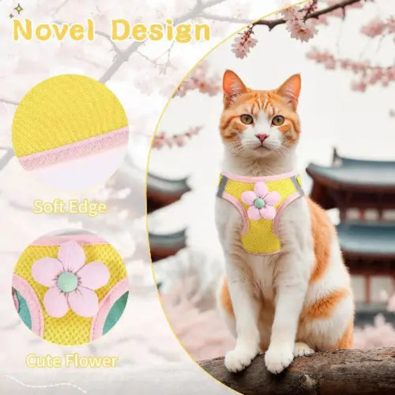 Cat Harness and Leash Set for Walking Escape Proof, Adjustable Kitten Harness Breathable Mesh with Reflective Strips Harness with Flower for Kitty Puppy Bunny by NCMAMA