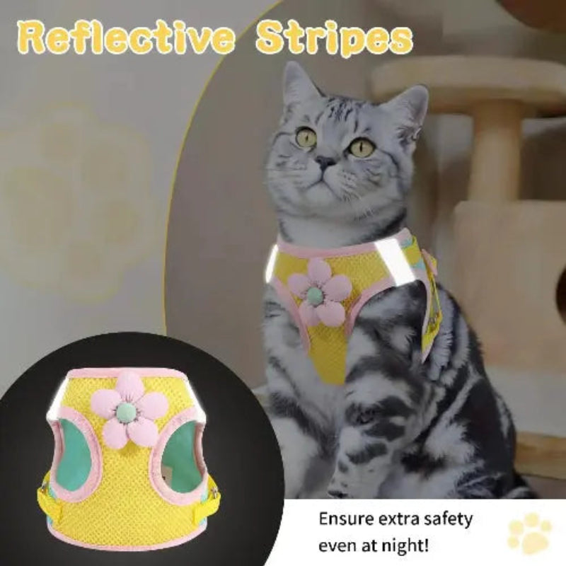 Cat Harness and Leash Set for Walking Escape Proof, Adjustable Kitten Harness Breathable Mesh with Reflective Strips Harness with Flower for Kitty Puppy Bunny by NCMAMA