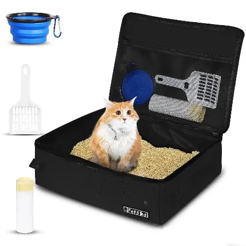 Petskd Portable Cat Travel Litter Box with Lid and 10 Disposable Liner Bags, Leak-Proof and Collapsible, Ideal for Cat Owners, Travelers, Small, Black Plastic Box by Petskd