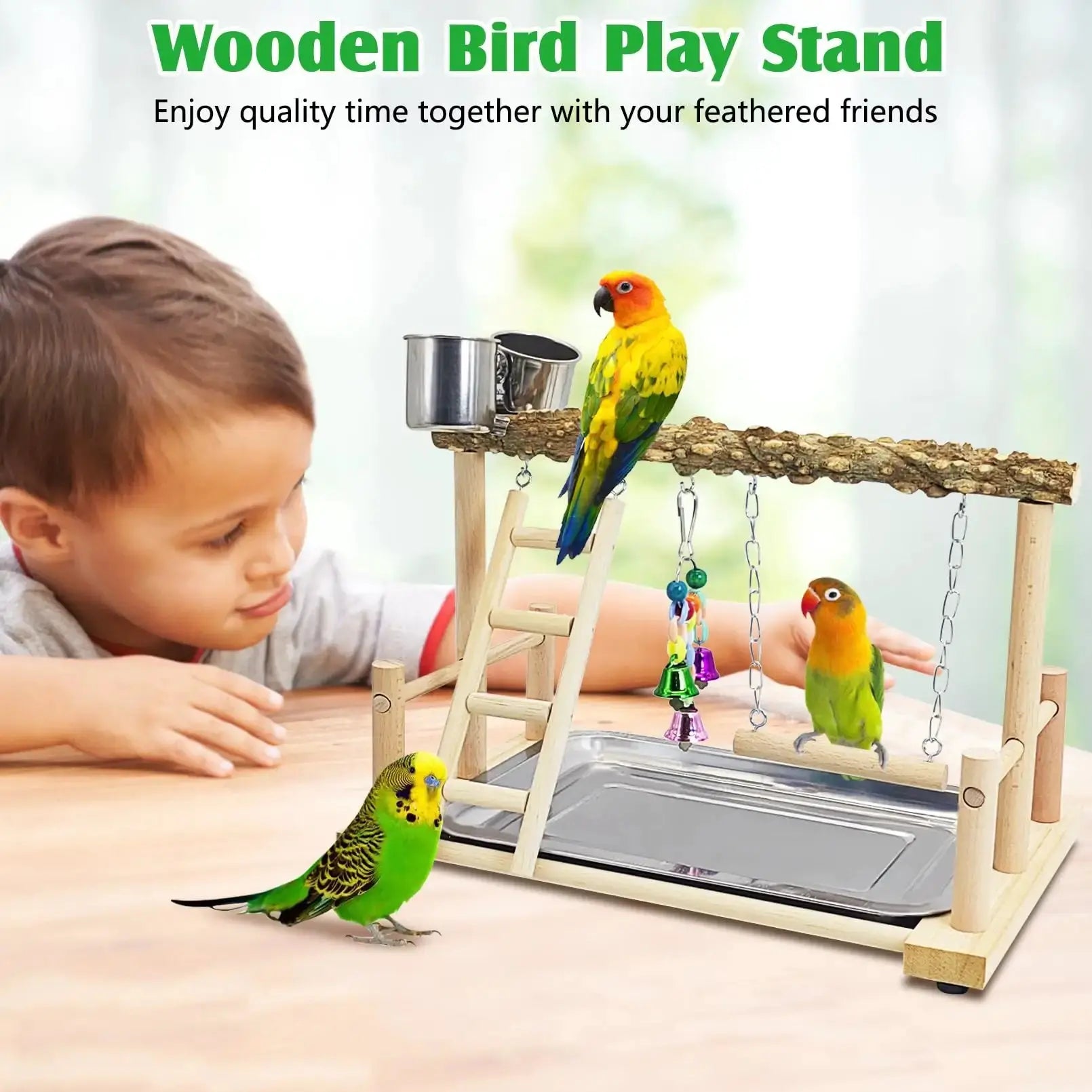 kathson Parrots Playground Bird Perch Wood Playstand Stand with Ladder Swing Feeder Cups Chew Toy for Parakeet Conure Cockatiel Budgie Lovebird Finch Small Birds by kathson