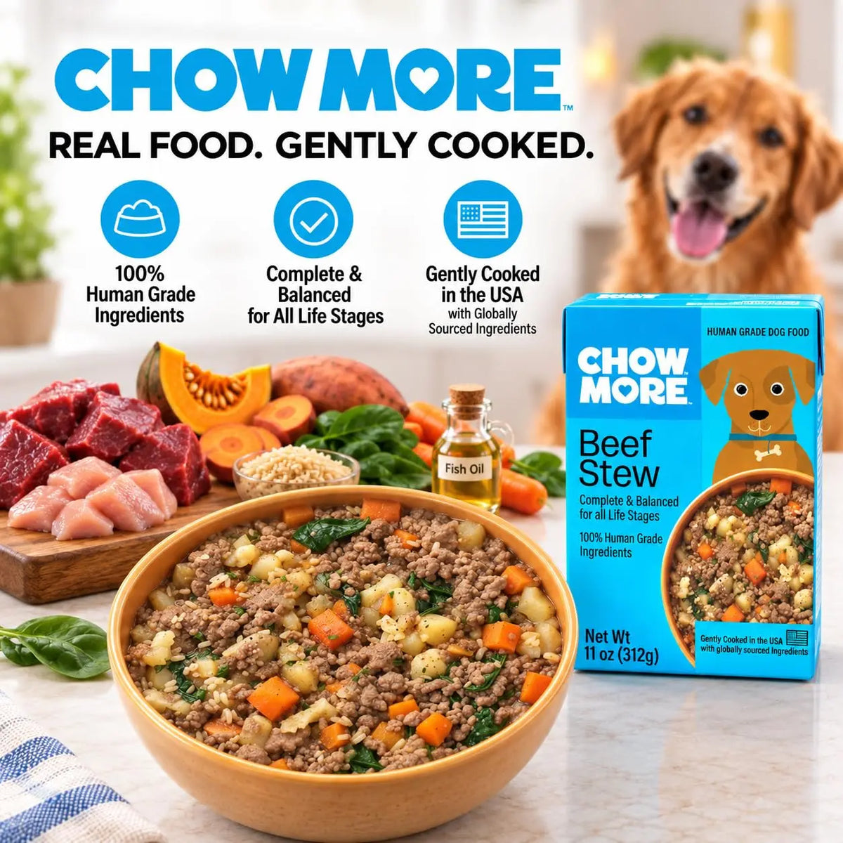 ChowMore Human Grade Wet Dog Food, Gently Cooked Shelf Stable Dog Food, Complete Meal or Kibble Topper, Complete & Balanced for All Life Stages, 11 oz Cartons - FurrBaby Necessities