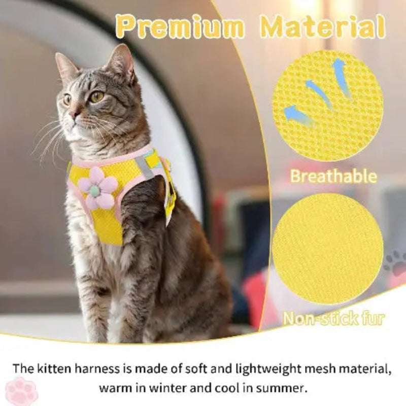Cat Harness and Leash Set for Walking Escape Proof, Adjustable Kitten Harness Breathable Mesh with Reflective Strips Harness with Flower for Kitty Puppy Bunny by NCMAMA