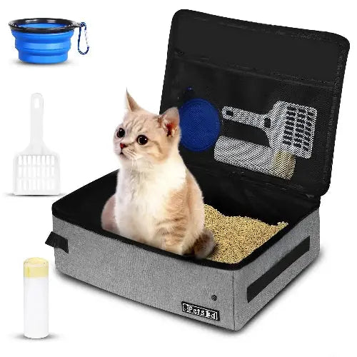 Petskd Portable Cat Travel Litter Box with Lid and 10 Disposable Liner Bags, Leak-Proof and Collapsible, Ideal for Cat Owners, Travelers, Small, Black Plastic Box by Petskd
