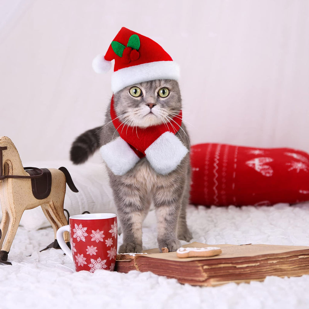 4 Pieces Christmas Cat Costumes Set Cat Santa Hats with Scarf and Collar Xmas Outfit for Cats Small Dogs Puppy Tiny Pets Christmas Muffler Head Wear Accessories