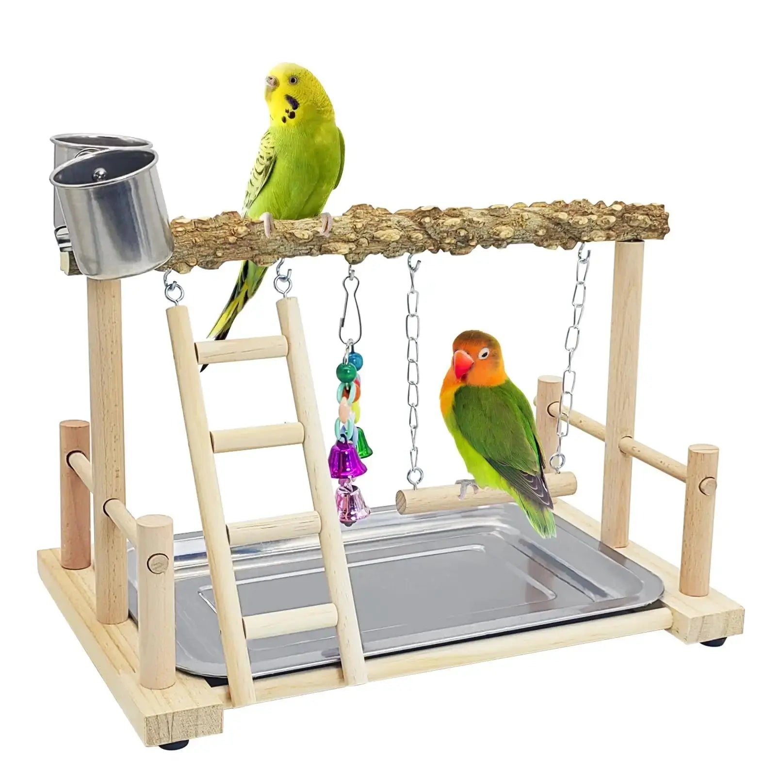 kathson Parrots Playground Bird Perch Wood Playstand Stand with Ladder Swing Feeder Cups Chew Toy for Parakeet Conure Cockatiel Budgie Lovebird Finch Small Birds by kathson
