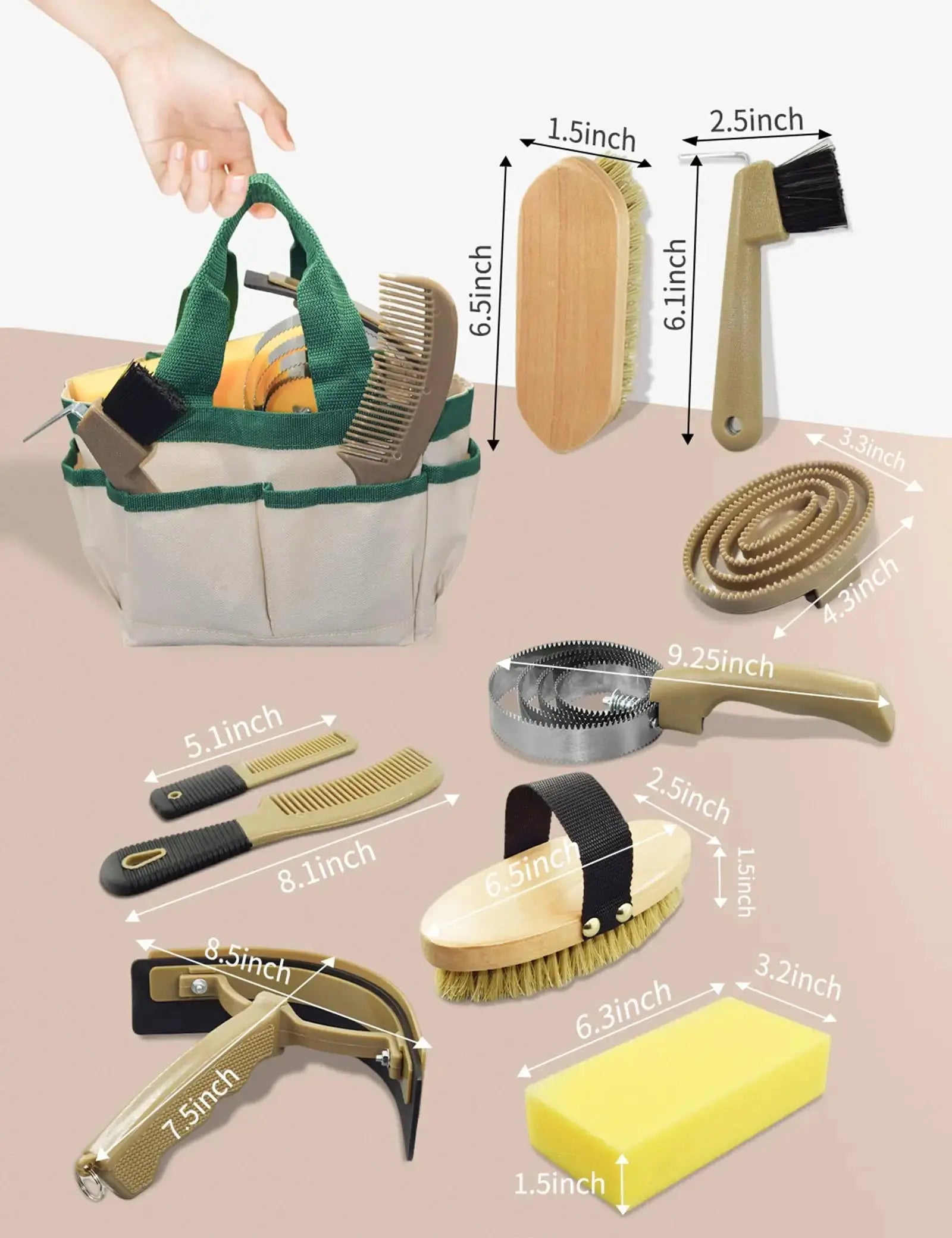 inoreal Professional 10 Pieces Horse Grooming Kit with Tote Bag, Horse Brush & Curry Comb Set for Effective Grooming and Bathing, Equine Coat Care Tack Room Supplies, Horse Gifts for Girls by inoreal