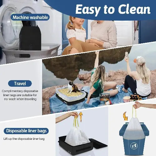 Petskd Portable Cat Travel Litter Box with Lid and 10 Disposable Liner Bags, Leak-Proof and Collapsible, Ideal for Cat Owners, Travelers, Small, Black Plastic Box by Petskd