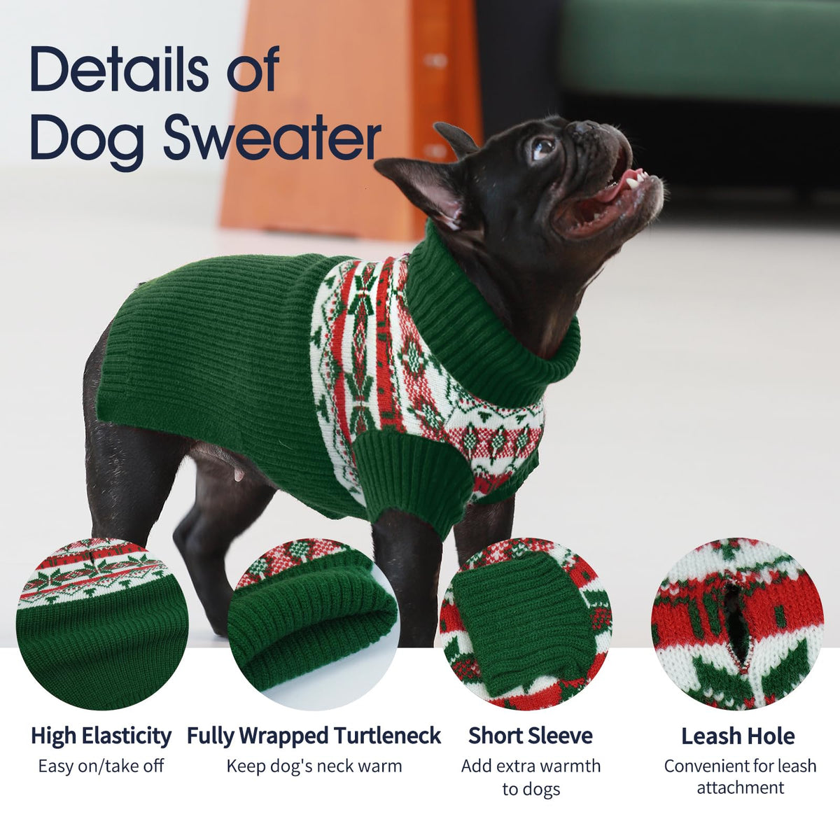 IECOii Dog Christmas Sweater - Turtleneck Sleeveless Design with Leash Hole, Snowflake & Snowman Prints, Festive Holiday Pet Sweater