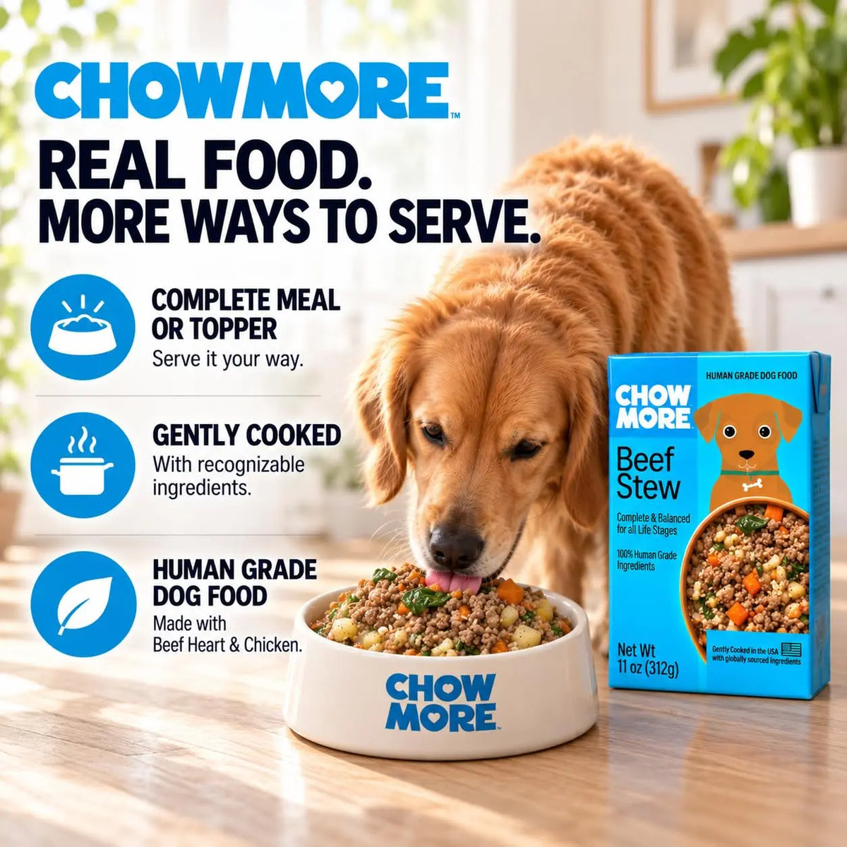 ChowMore Human Grade Wet Dog Food, Gently Cooked Shelf Stable Dog Food, Complete Meal or Kibble Topper, Complete & Balanced for All Life Stages, 11 oz Cartons - FurrBaby Necessities