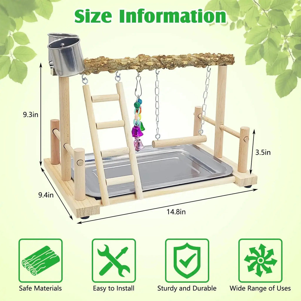 kathson Parrots Playground Bird Perch Wood Playstand Stand with Ladder Swing Feeder Cups Chew Toy for Parakeet Conure Cockatiel Budgie Lovebird Finch Small Birds by kathson