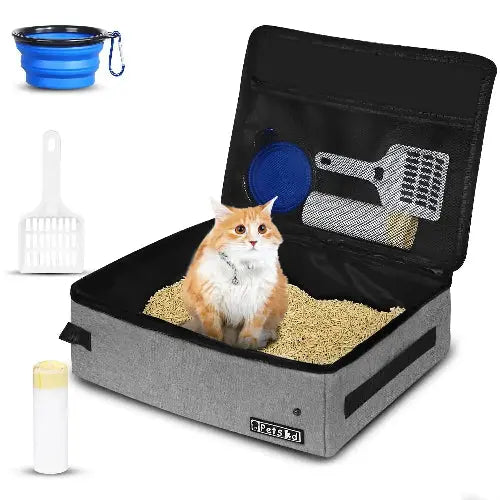 Petskd Portable Cat Travel Litter Box with Lid and 10 Disposable Liner Bags, Leak-Proof and Collapsible, Ideal for Cat Owners, Travelers, Small, Black Plastic Box by Petskd