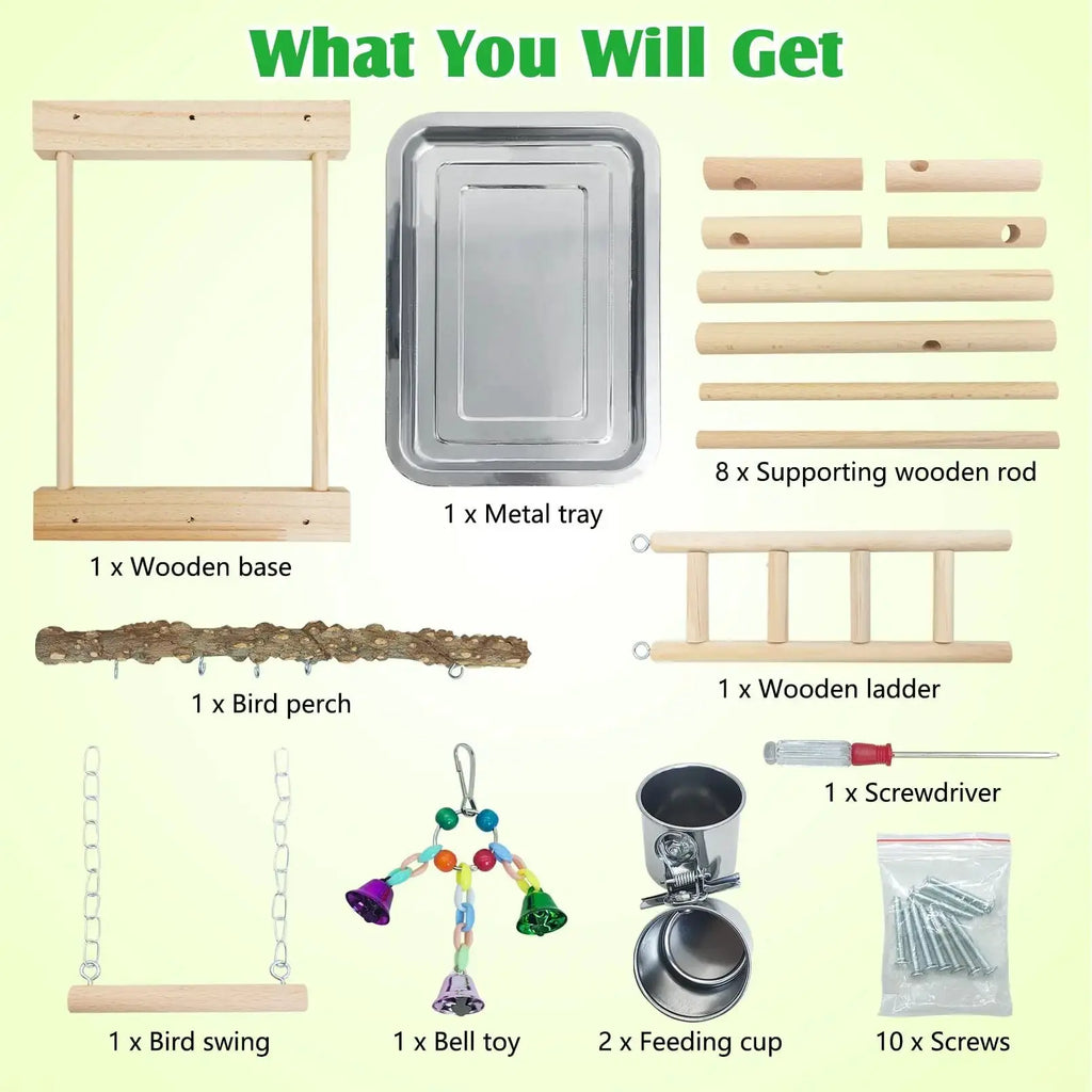 kathson Parrots Playground Bird Perch Wood Playstand Stand with Ladder Swing Feeder Cups Chew Toy for Parakeet Conure Cockatiel Budgie Lovebird Finch Small Birds by kathson