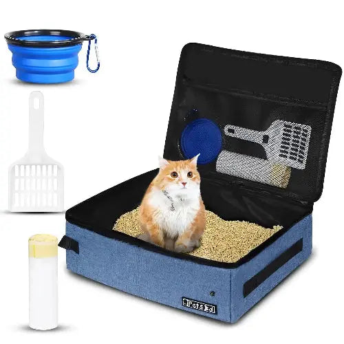 Petskd Portable Cat Travel Litter Box with Lid and 10 Disposable Liner Bags, Leak-Proof and Collapsible, Ideal for Cat Owners, Travelers, Small, Black Plastic Box by Petskd