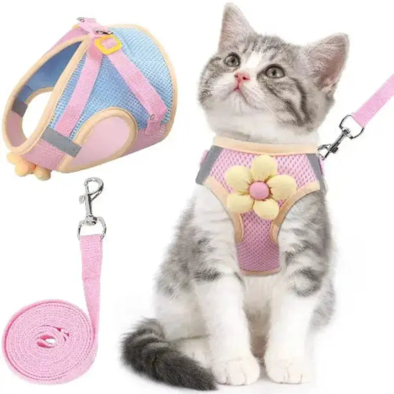 Cat Harness and Leash Set for Walking Escape Proof, Adjustable Kitten Harness Breathable Mesh with Reflective Strips Harness with Flower for Kitty Puppy Bunny by NCMAMA