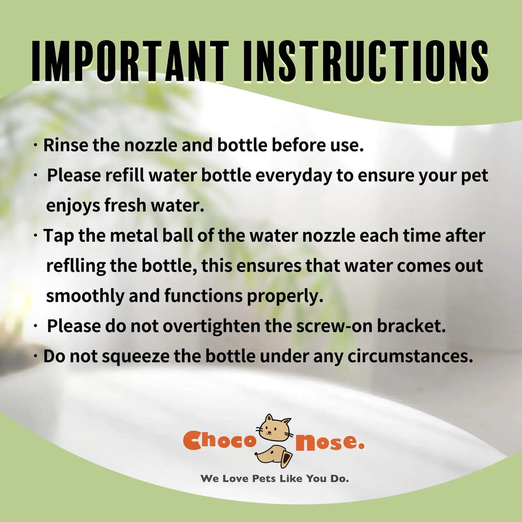 Choco Nose Patented No-Drip Water Bottle/Feeder for Hamsters/Hedgehogs/Gliders/Rats/Mice/Other Small Pets and Animals - for Cages, Crates or Wall Mount by Choco Nose