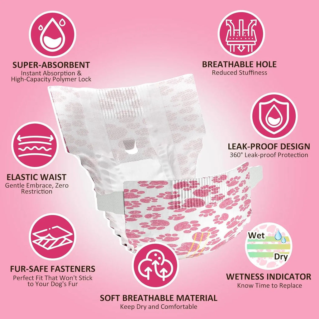 Female Dog Diapers 48 Count Disposable Leakproof Puppy Diapers XXS- Medium Wags & Whiskers Pet Supply