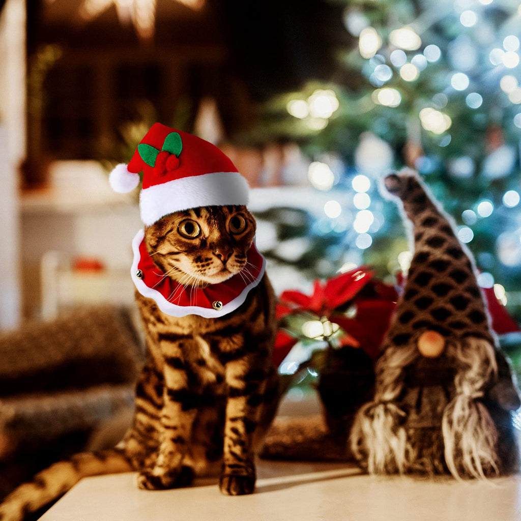 4 Pieces Christmas Cat Costumes Set Cat Santa Hats with Scarf and Collar Xmas Outfit for Cats Small Dogs Puppy Tiny Pets Christmas Muffler Head Wear Accessories