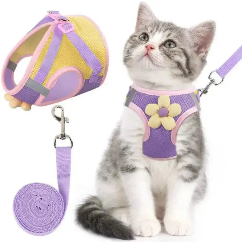 Cat Harness and Leash Set for Walking Escape Proof, Adjustable Kitten Harness Breathable Mesh with Reflective Strips Harness with Flower for Kitty Puppy Bunny by NCMAMA