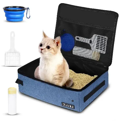 Petskd Portable Cat Travel Litter Box with Lid and 10 Disposable Liner Bags, Leak-Proof and Collapsible, Ideal for Cat Owners, Travelers, Small, Black Plastic Box by Petskd