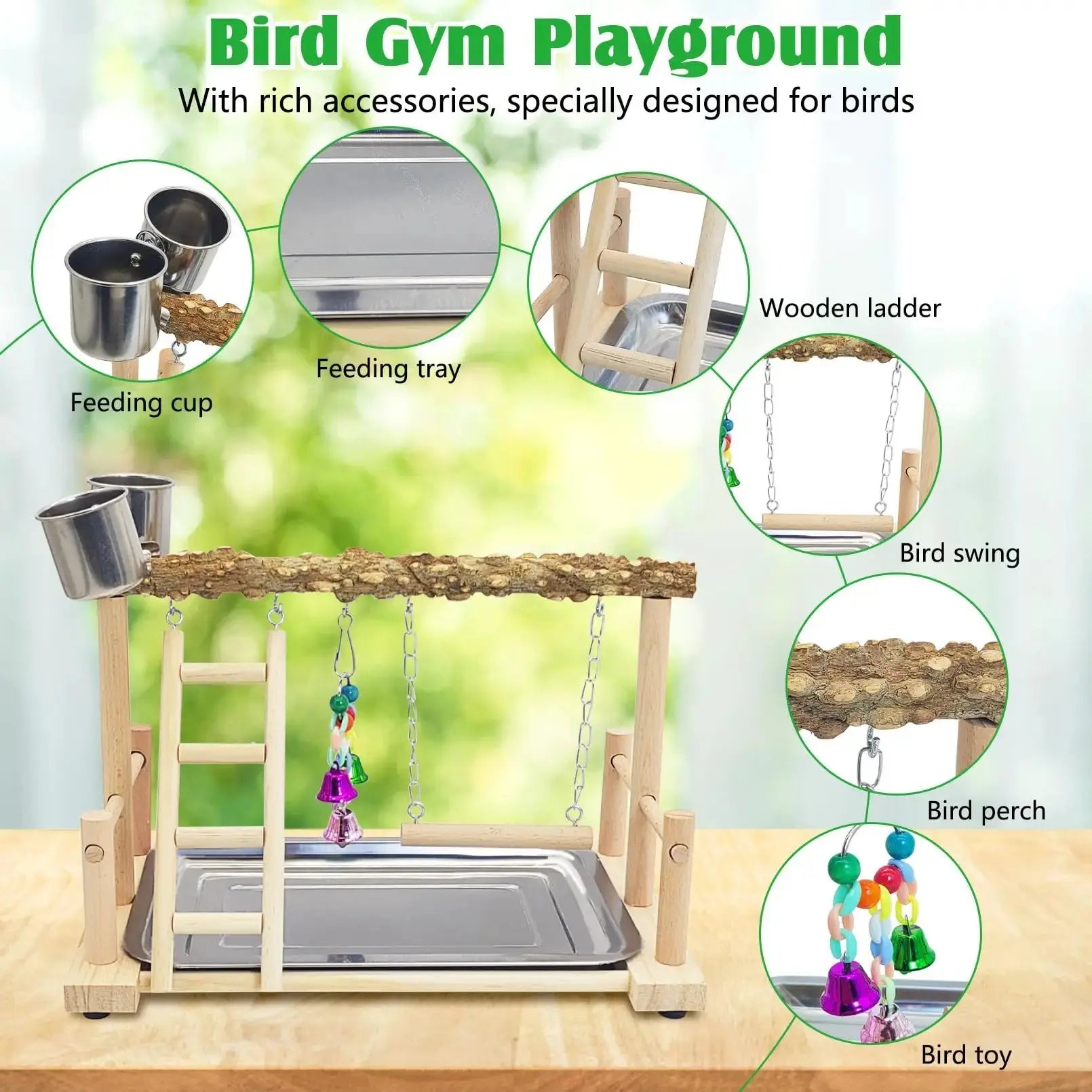 kathson Parrots Playground Bird Perch Wood Playstand Stand with Ladder Swing Feeder Cups Chew Toy for Parakeet Conure Cockatiel Budgie Lovebird Finch Small Birds by kathson