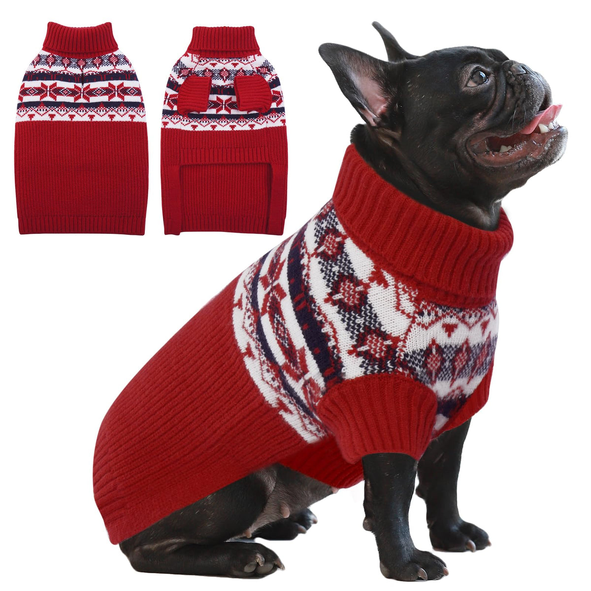 IECOii Dog Christmas Sweater - Turtleneck Sleeveless Design with Leash Hole, Snowflake & Snowman Prints, Festive Holiday Pet Sweater