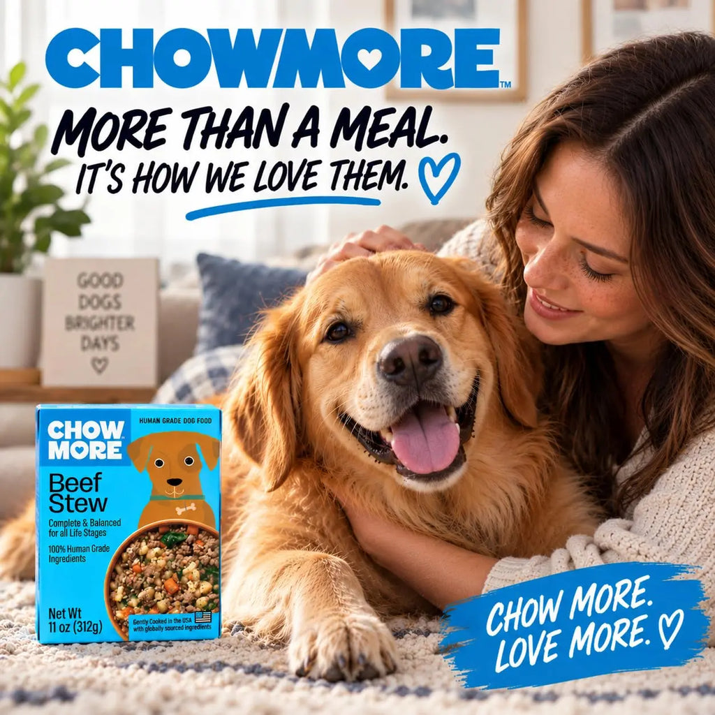ChowMore Human Grade Wet Dog Food, Gently Cooked Shelf Stable Dog Food, Complete Meal or Kibble Topper, Complete & Balanced for All Life Stages, 11 oz Cartons - FurrBaby Necessities