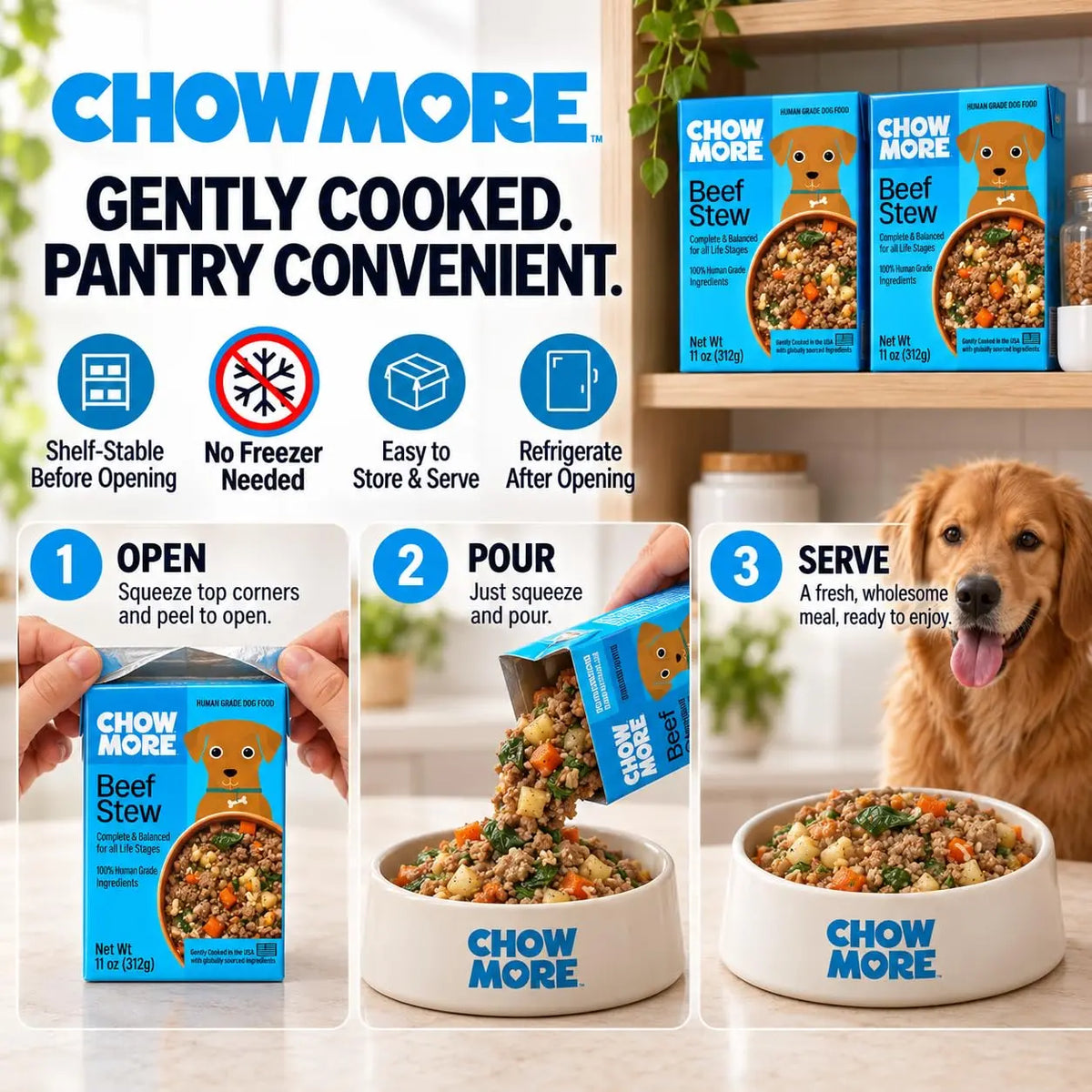 ChowMore Human Grade Wet Dog Food, Gently Cooked Shelf Stable Dog Food, Complete Meal or Kibble Topper, Complete & Balanced for All Life Stages, 11 oz Cartons - FurrBaby Necessities