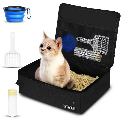 Petskd Portable Cat Travel Litter Box with Lid and 10 Disposable Liner Bags, Leak-Proof and Collapsible, Ideal for Cat Owners, Travelers, Small, Black Plastic Box by Petskd