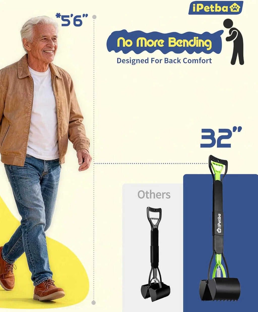 32 Inch Long Handle Pooper Scooper for Large Dogs Heavy Duty Foldable Wags & Whiskers Pet Supply