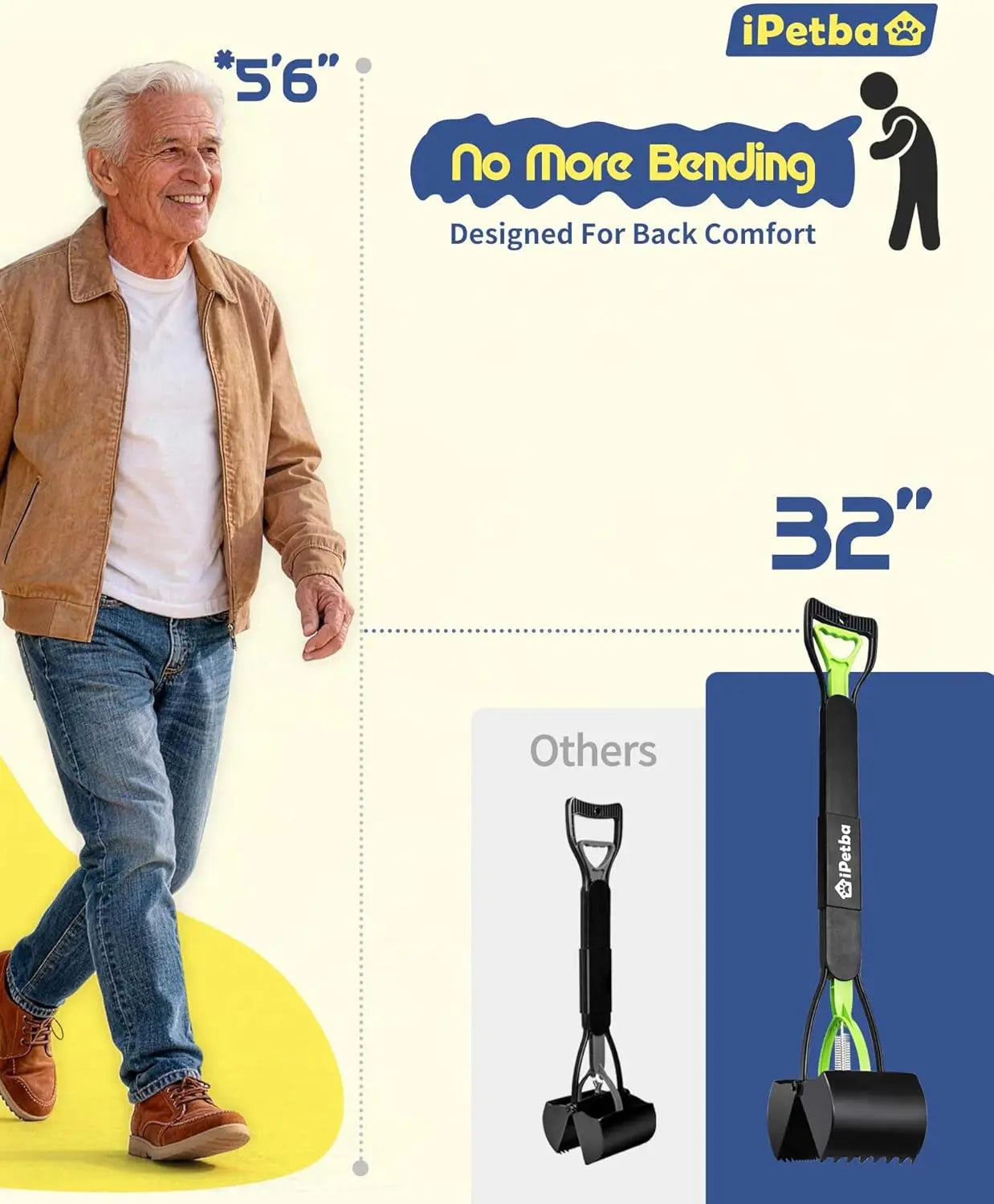 32 Inch Long Handle Pooper Scooper for Large Dogs Heavy Duty Foldable Wags & Whiskers Pet Supply