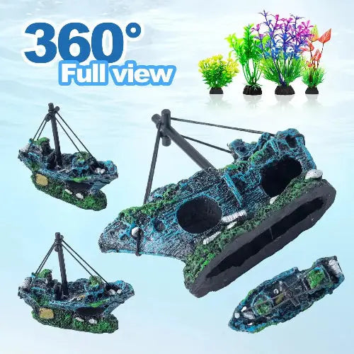 Xereooe 16Pcs Fish Tank Decorations Set Sunken Ship Decoration,Resin Material Fish Tank Accessories Accessories for Natural Look, Aquarium Shipwreck x 1pc, Aquatic Plants x 15pcs by Xereooe