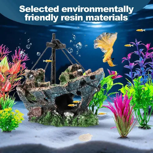 Xereooe 16Pcs Fish Tank Decorations Set Sunken Ship Decoration,Resin Material Fish Tank Accessories Accessories for Natural Look, Aquarium Shipwreck x 1pc, Aquatic Plants x 15pcs by Xereooe