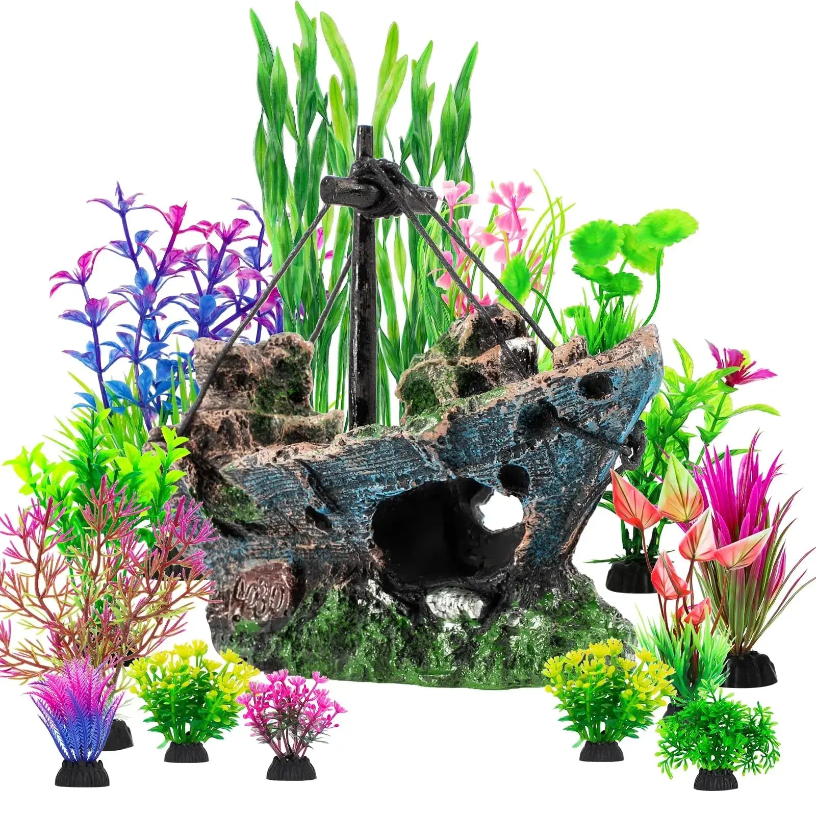 Xereooe 16Pcs Fish Tank Decorations Set Sunken Ship Decoration,Resin Material Fish Tank Accessories Accessories for Natural Look, Aquarium Shipwreck x 1pc, Aquatic Plants x 15pcs by Xereooe