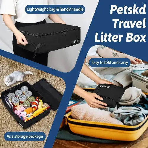 Petskd Portable Cat Travel Litter Box with Lid and 10 Disposable Liner Bags, Leak-Proof and Collapsible, Ideal for Cat Owners, Travelers, Small, Black Plastic Box by Petskd