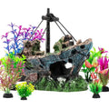 Xereooe 16Pcs Fish Tank Decorations Set Sunken Ship Decoration,Resin Material Fish Tank Accessories Accessories for Natural Look, Aquarium Shipwreck x 1pc, Aquatic Plants x 15pcs by Xereooe