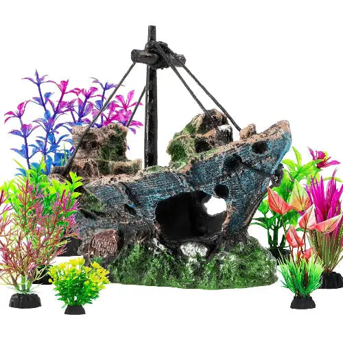 Xereooe Aquarium Ornaments 16-Piece Resin Sunken Ship Set with Aquatic Plants