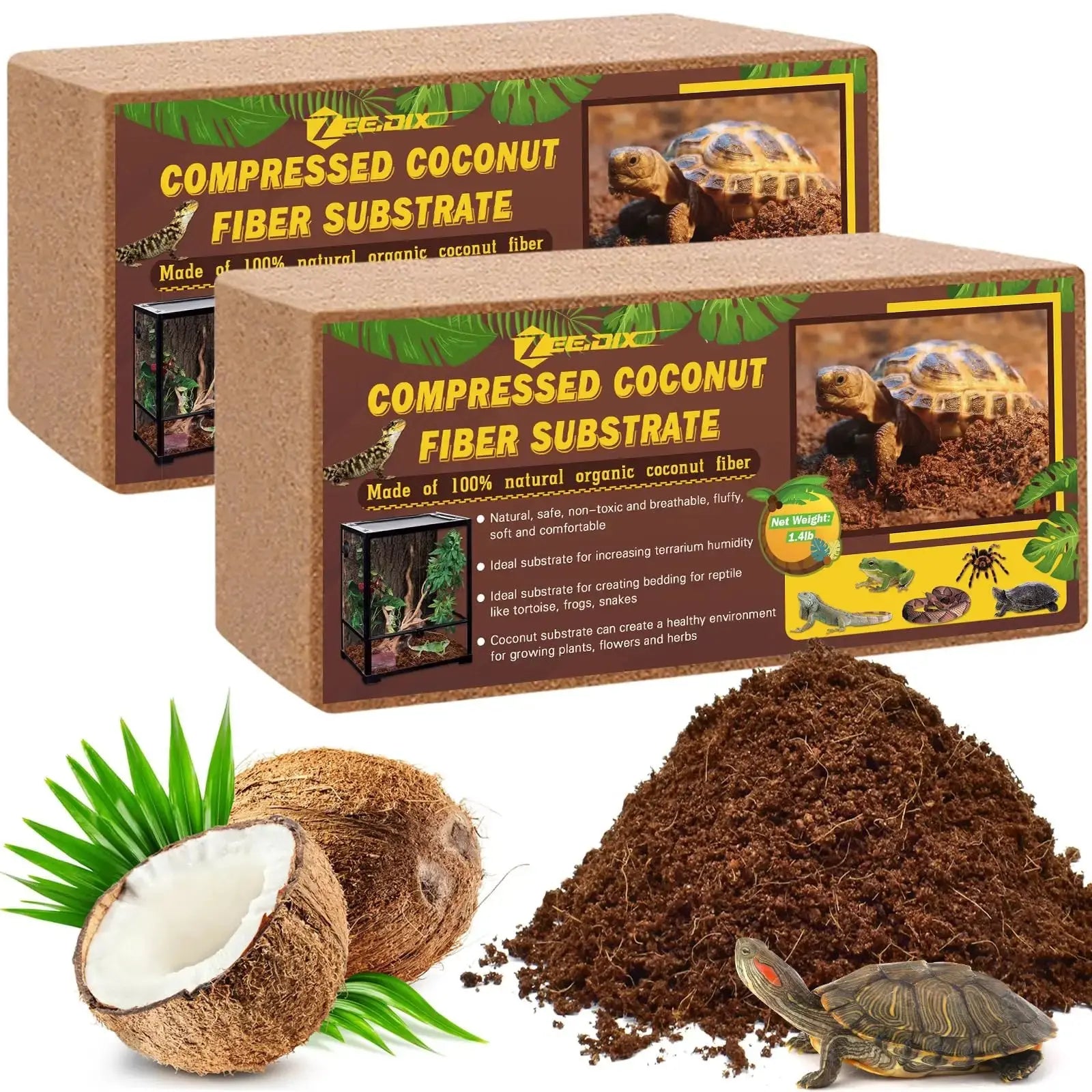 ZeeDix Coconut Fiber Substrate, 100% Organic Coconut Husk Coco Coir Brick Terrarium Bedding for Reptiles, Tortoise, Bearded Dragon, Leopard Gecko, Snake, Hermit Crabs, Frogs, Tarantula by ZeeDix