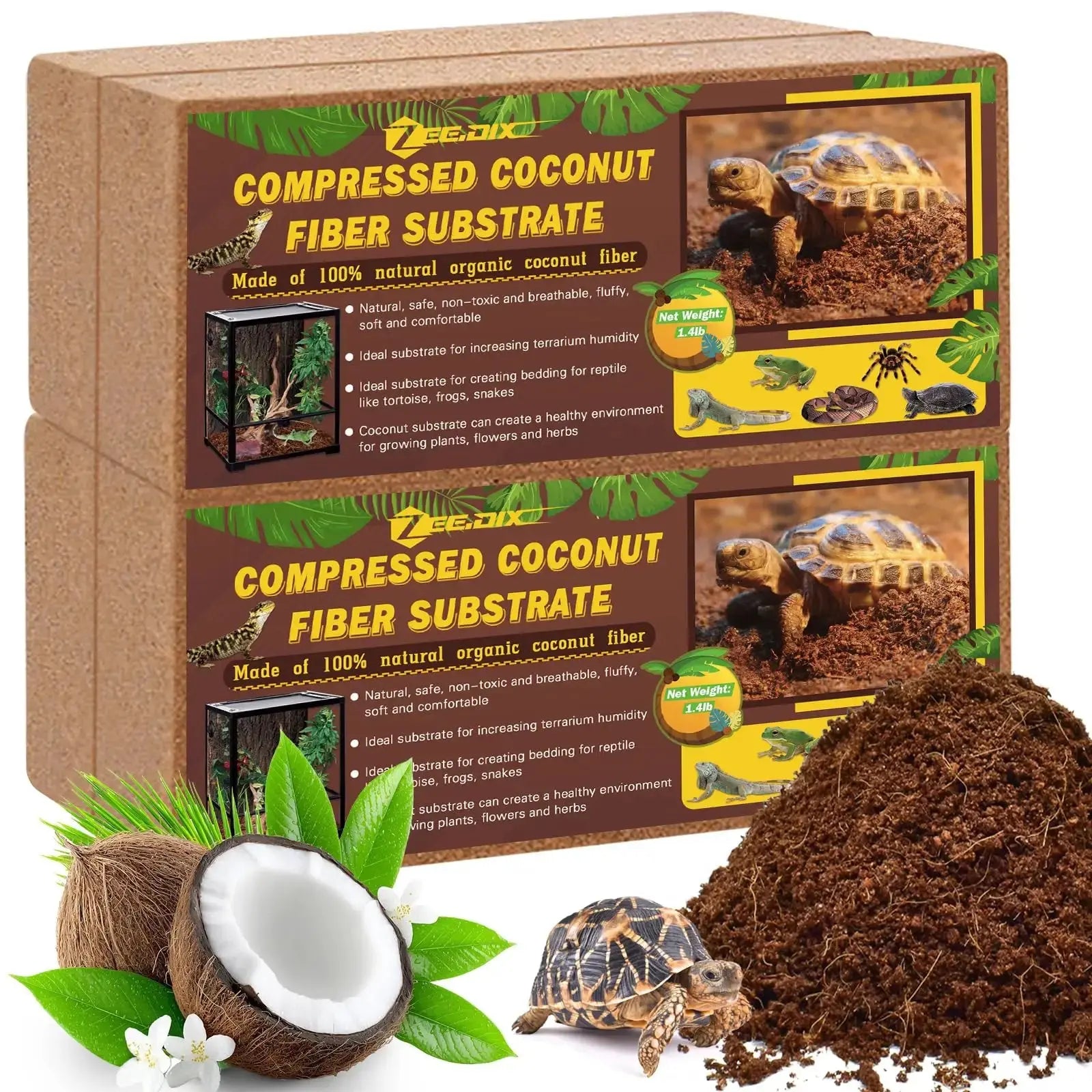 ZeeDix Coconut Fiber Substrate, 100% Organic Coconut Husk Coco Coir Brick Terrarium Bedding for Reptiles, Tortoise, Bearded Dragon, Leopard Gecko, Snake, Hermit Crabs, Frogs, Tarantula by ZeeDix