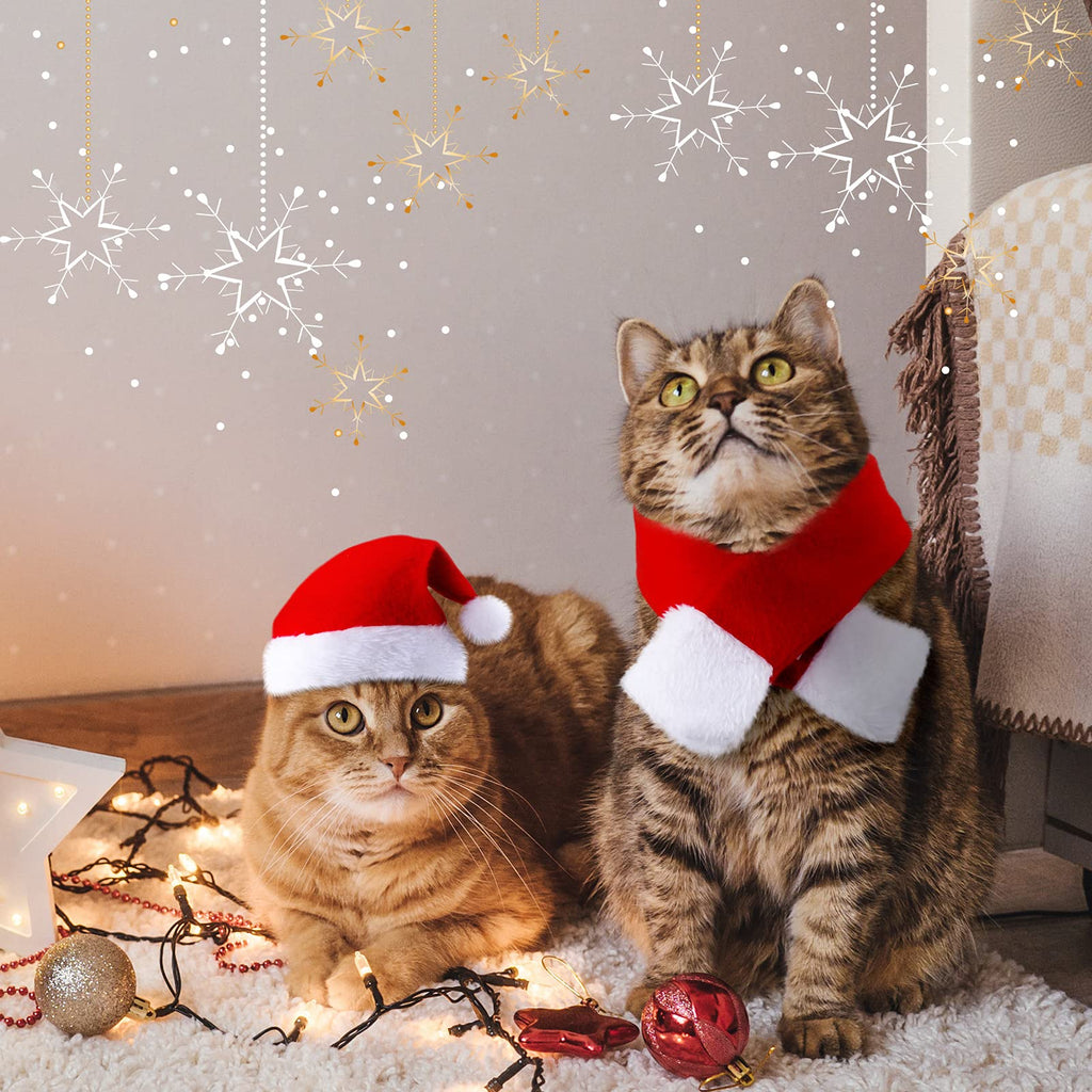 4 Pieces Christmas Cat Costumes Set Cat Santa Hats with Scarf and Collar Xmas Outfit for Cats Small Dogs Puppy Tiny Pets Christmas Muffler Head Wear Accessories