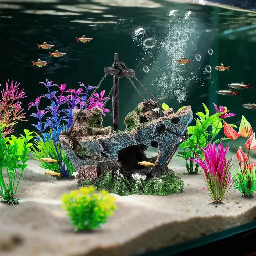 Xereooe 16Pcs Fish Tank Decorations Set Sunken Ship Decoration,Resin Material Fish Tank Accessories Accessories for Natural Look, Aquarium Shipwreck x 1pc, Aquatic Plants x 15pcs by Xereooe