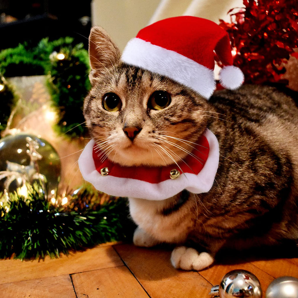 4 Pieces Christmas Cat Costumes Set Cat Santa Hats with Scarf and Collar Xmas Outfit for Cats Small Dogs Puppy Tiny Pets Christmas Muffler Head Wear Accessories
