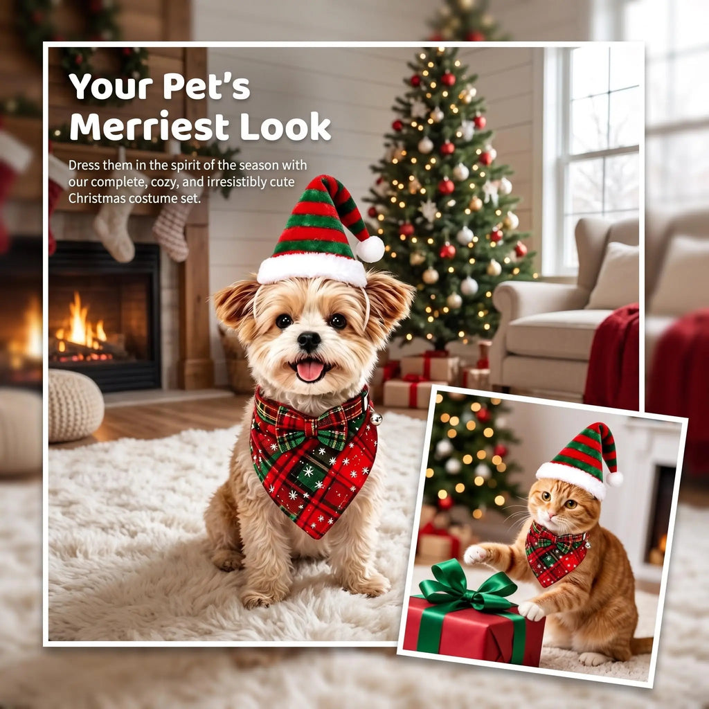 Christmas Dog Costume Set, Dog Christmas Outfit with Hat Bowtie and Bandana TZAFRIN