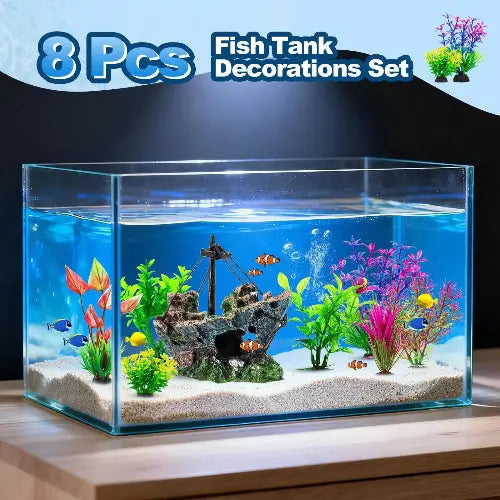 Xereooe 16Pcs Fish Tank Decorations Set Sunken Ship Decoration,Resin Material Fish Tank Accessories Accessories for Natural Look, Aquarium Shipwreck x 1pc, Aquatic Plants x 15pcs by Xereooe