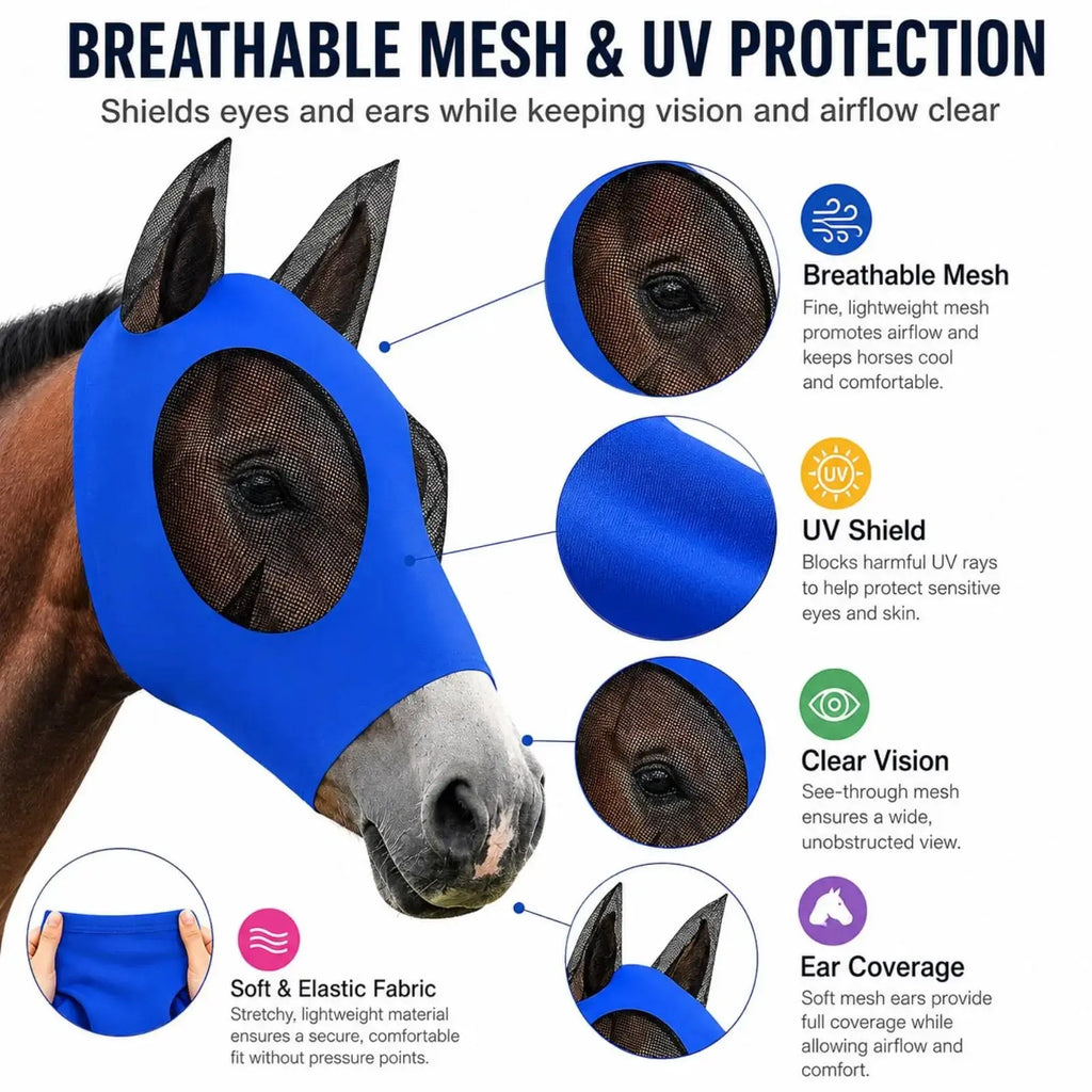 Sanwuta Horse Fly Masks with Ears, Breathable Mesh UV Protection Horse Face Masks, Soft Elastic Comfortable Fit for Riding Outdoor Summer Supplies Bulk by Sanwuta