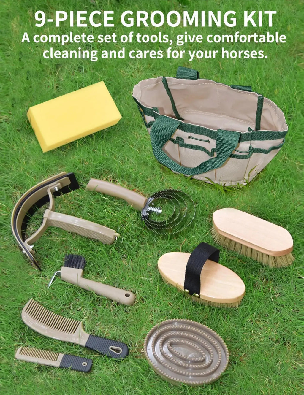 inoreal Professional 10 Pieces Horse Grooming Kit with Tote Bag, Horse Brush & Curry Comb Set for Effective Grooming and Bathing, Equine Coat Care Tack Room Supplies, Horse Gifts for Girls by inoreal
