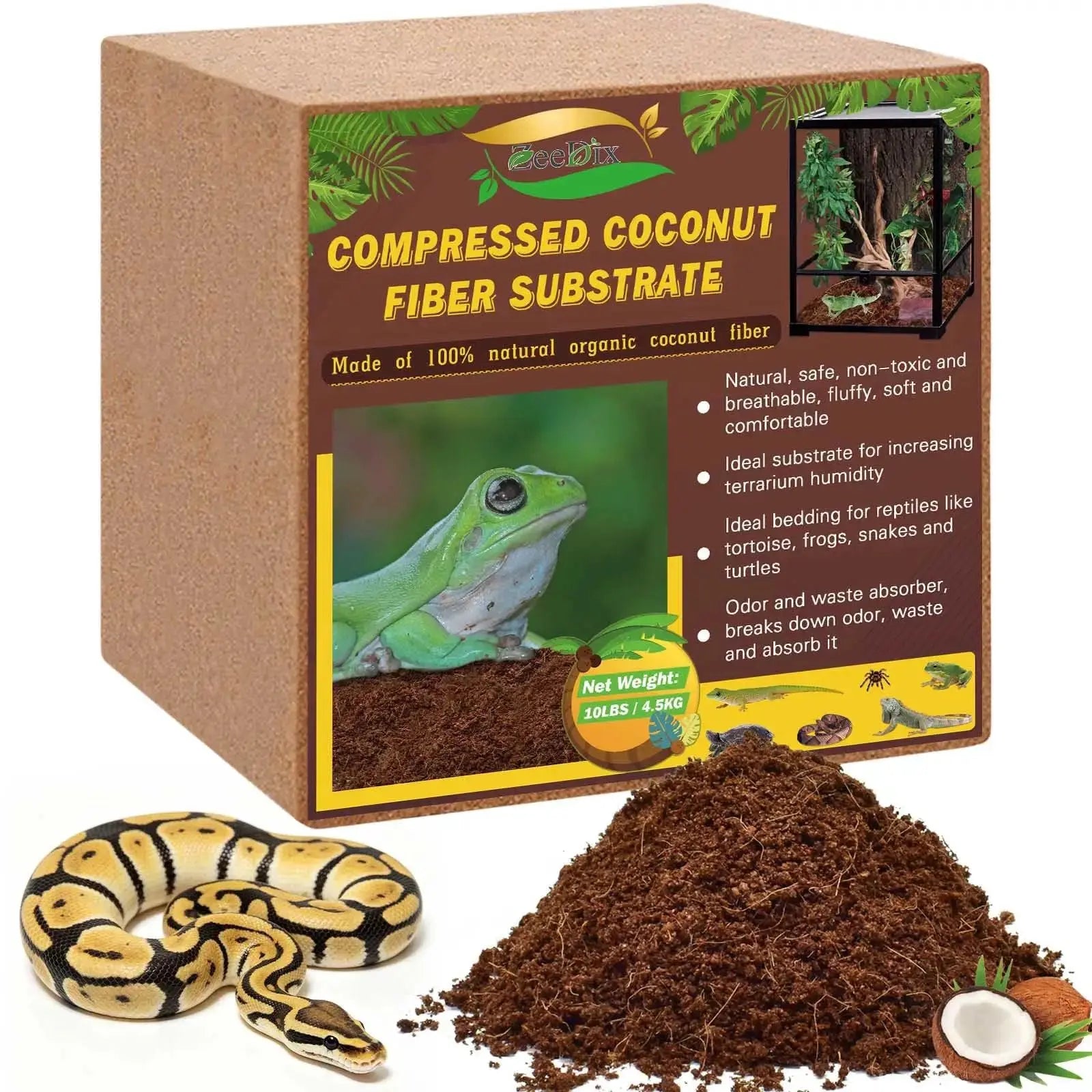ZeeDix Coconut Fiber Substrate, 100% Organic Coconut Husk Coco Coir Brick Terrarium Bedding for Reptiles, Tortoise, Bearded Dragon, Leopard Gecko, Snake, Hermit Crabs, Frogs, Tarantula by ZeeDix