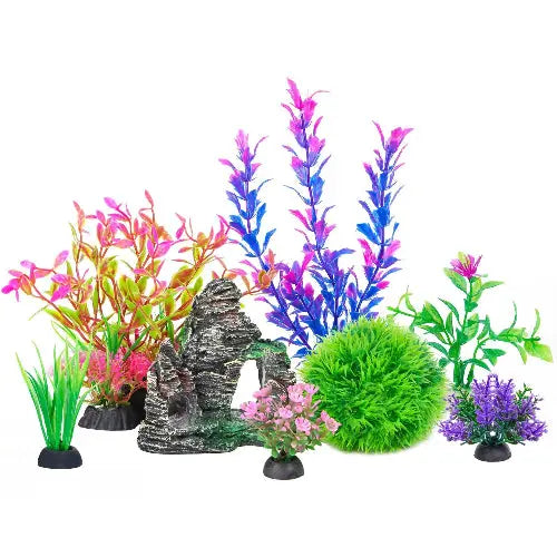Ameliade Aquarium Artificial Plastic Plants Decorations and Rock Cave Decor Set Goldfish Betta Fish Tank Accessories Small Large Fish Bowl Ornaments by Ameliade