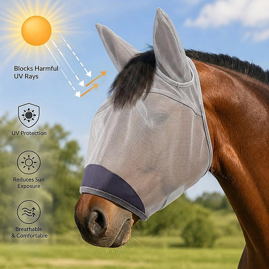 Horse Fly Mask, Super Comfort Fly Masks for Horses, Adjustable UV Protection Breathability Horses Fly Masks with Ears, Pony Mini Equine Fly Mask for Miniature Foal Draft Cob Srabian Full by Animal-Gifts